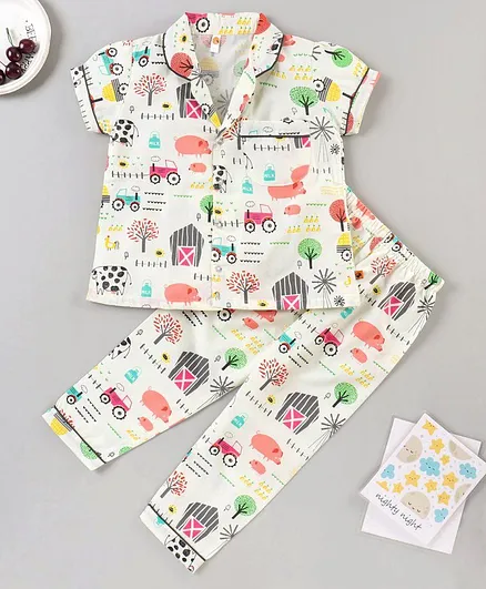 Dew Drops Half Sleeves Printed Pyjama Sets - Beige