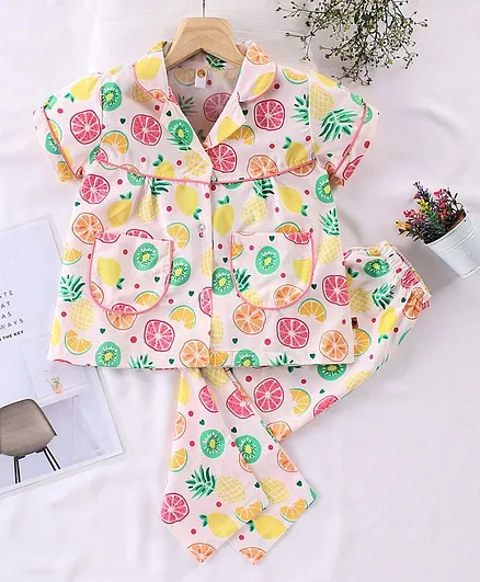 Dew Drops Half Sleeves Night Suit Lemon Print - Pink Yellow