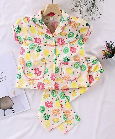 Dew Drops Half Sleeves Night Suit Lemon Print - Peach Yellow