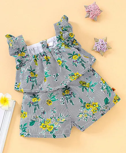 Dew Drops Sleeveless Night Suit Floral Print - Yellow