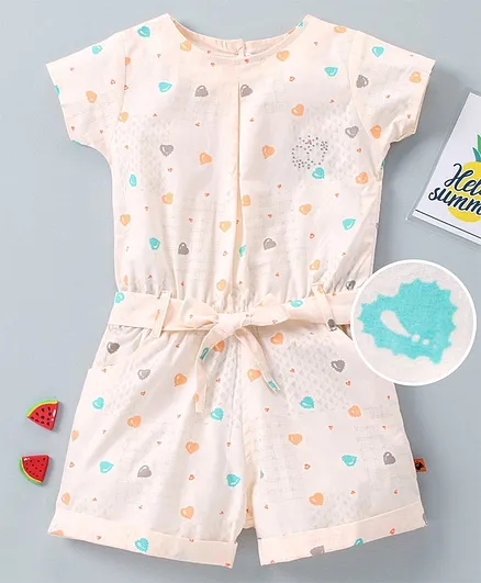 Dew Drops Half Sleeves Knee Length Jumpsuit Heart Print - Beige