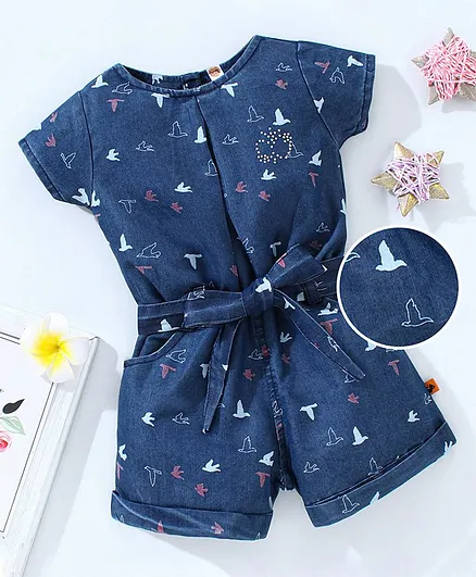 Dew Drops Half Sleeves Jumpsuit Bird Print - Dark Blue
