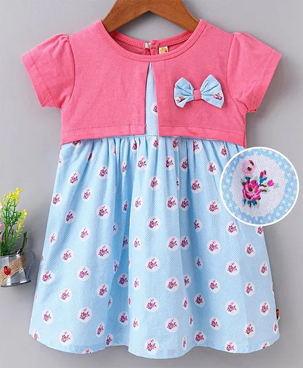 Dew Drops Half Sleeves Floral Print Frock - Pink Blue