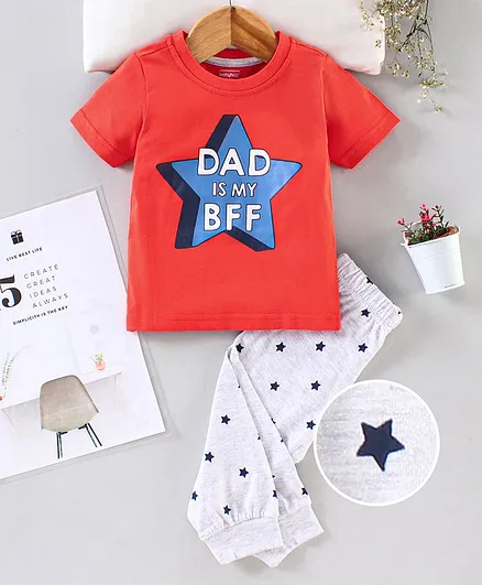 Babyhug Half Sleeves Bio Wash T-Shirt & Pajama Set Text Print - Red Grey