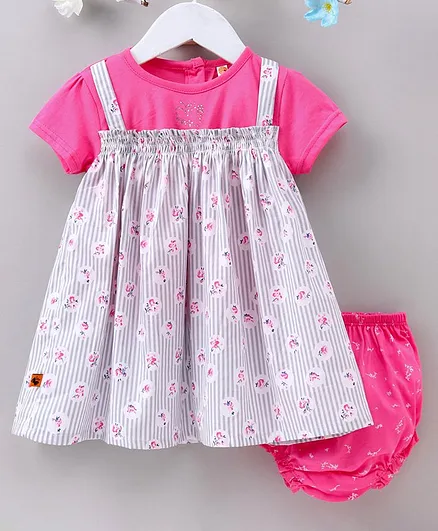 Dew Drops Half Sleeves Frocks with Tee and Bloomer - Grey