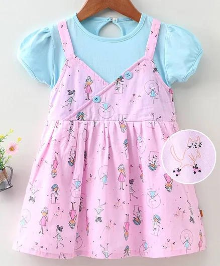 Dew Drops Half Sleeves Girl Print Frock - Pink Blue