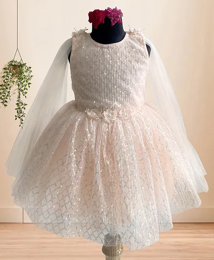 Enfance Sleeveless Sequined & Floral Applique Fit & Flare Dress - Peach