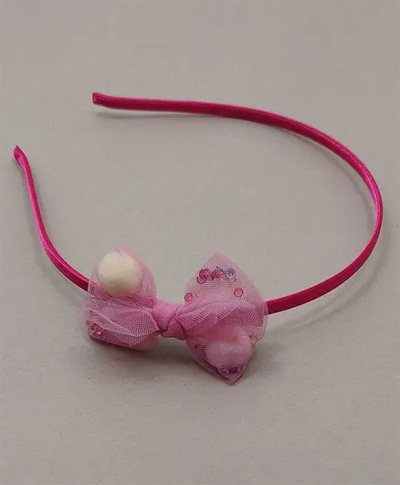 Kid-O-World Pom-Pom Net Bow Hair Band - Dark Pink