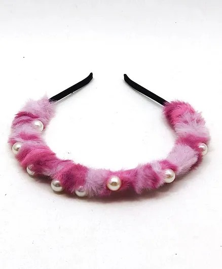 Kid-O-World Tiger Print Fur Pearl Hair Band- Dark Pink