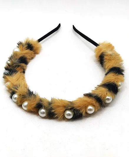 Kid-O-World Tiger Print Fur Pearl Hair Band- Beige