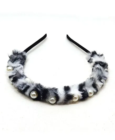 Kid-O-World Tiger Print Fur Pearl Hair Band- White/ Black