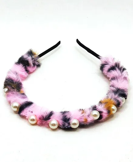 Kid-O-World Tiger Print Fur Pearl Hair Band- Light Pink