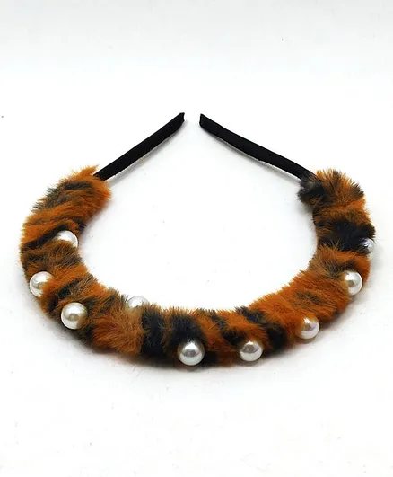 Kid-O-World Tiger Print Fur Pearl Hair Band- Brown