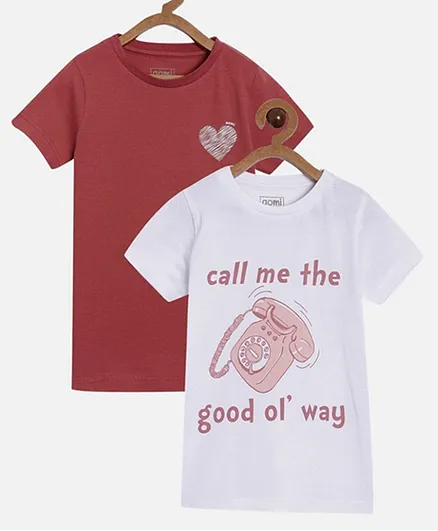 Aomi Pack Of 2 Half Sleeves Heart Print Tees - White & Maroon