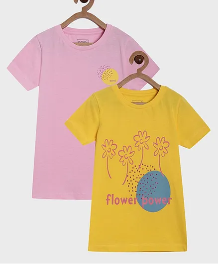 Aomi Pack Of 2 Half Sleeves Flowers Print Tees - Yellow & Pink