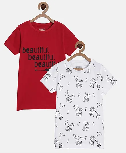 Aomi Pack Of 2 Half Sleeves Beautiful Print Tees - White & Red