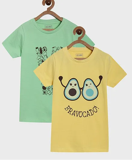 Aomi Pack Of 2 Half Sleeves Fruits & Vegetables Print Tees - Yellow & Green