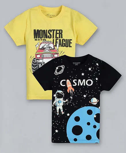Plum Tree Space Print Half Sleeves Pack Of 2 Tee - Yellow Black