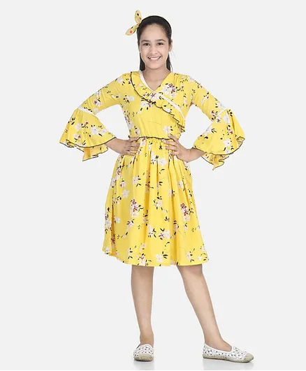 Cutiekins Three Fourth Sleeves Floral Print Dress - Yellow