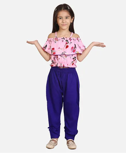 Cutiekins Half Sleeves Floral Print Cold Shoulder Top With Bottom - Pink & Blue