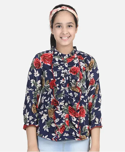 Cutiekins Full Sleeves Floral Print Shirt Style Top - Navy Blue & Red