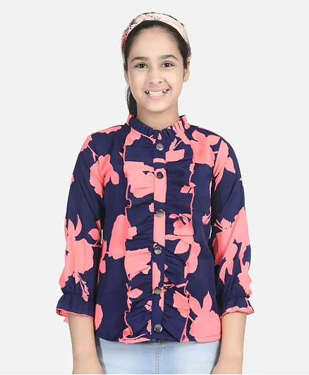 Cutiekins Full Sleeves Flower Print Shirt Style Top - Navy Blue & White