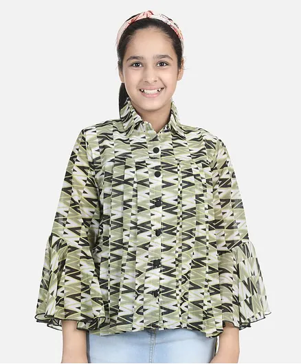 Cutiekins Full Sleeves Printed Shirt Style Top - Green & Black