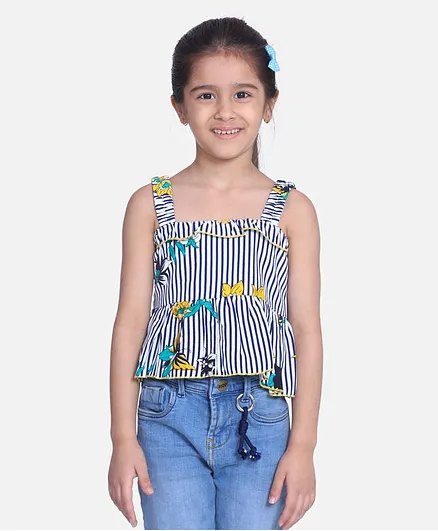 Cutiekins Sleeveless Striped Flower Print Peplum Top - White & Navy