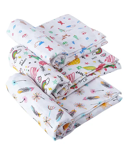 babywish Muslin Swaddle Blankets Pack of 3 - Multicolour