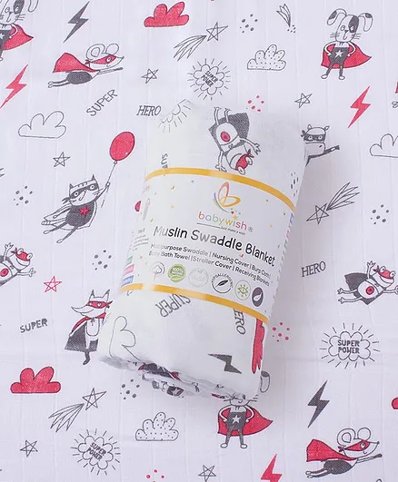 babywish Muslin Swaddle Blanket Super Hero Print - Multicolour