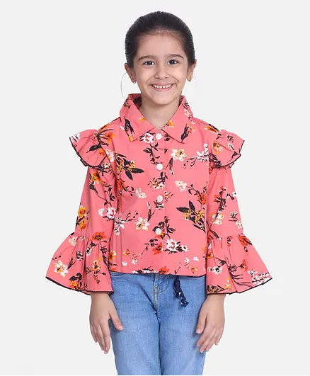 Cutiekins Full Sleeves Floral Print Shirt Style Top - Rust & Black