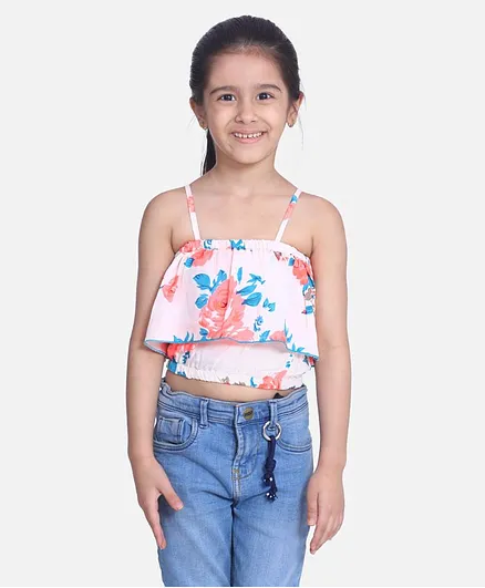 Cutiekins Sleeveless Floral Print Crop Top - White & Teal Blue