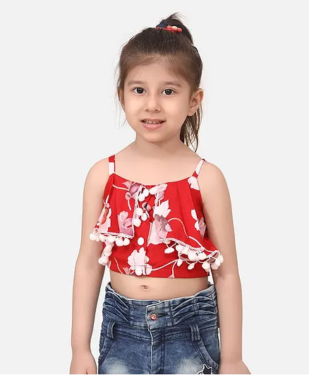 Cutiekins Sleeveless Flower Print Crop Top - Red & White