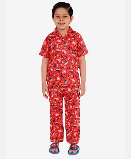 KID1 Half Sleeves Marine Life Theme Print Night Suit - Red