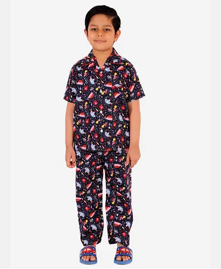 KID1 Half Sleeves Marine Life Theme Print Night Suit - Navy Blue
