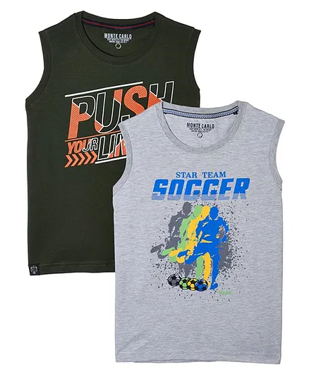 Monte Carlo Sleeveless Pack Of 2 Text Print Tee - Green Grey