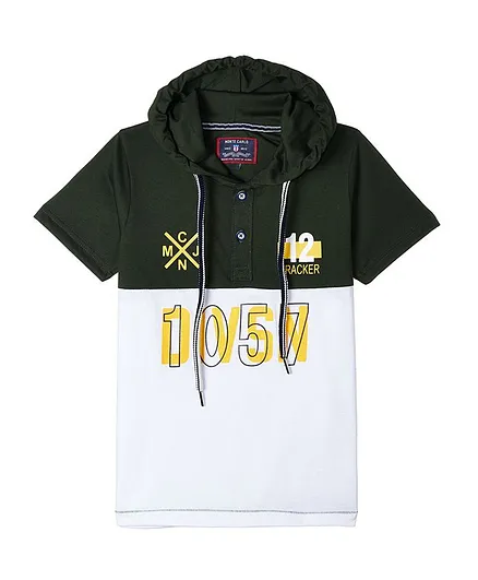 Monte Carlo Half Sleeves Numbers Print Hooded Tee - Olive Green