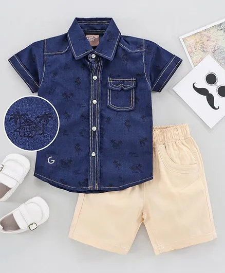 Little Kangaroos Half Sleeves Printed Shirt with Shorts Set - Blue