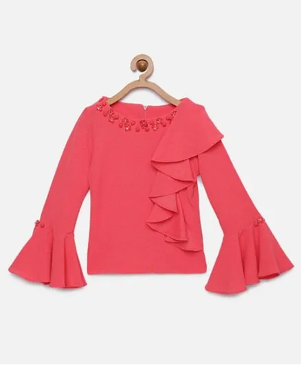 Tiny Girl Beads Embellished Full Sleeves Ruffle Top - Peach