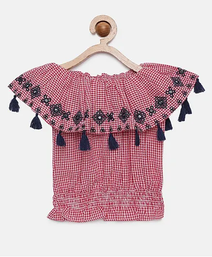 Tiny Girl Half Sleeves Checked Top - Red & White