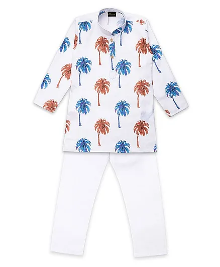 AJ Dezines Full Sleeves Coconut Tree Print Kurta With Pajama - White