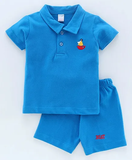 Tango Half Sleeves T-Shirt & Knee Length Shorts Boat Embroidered - Blue