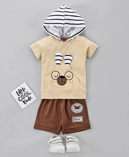 Jb Club Half Sleeves Dog Design Hooded Tee With Shorts - Beige