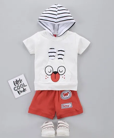 Jb Club Half Sleeves Dog Design Hooded Tee With Shorts - White