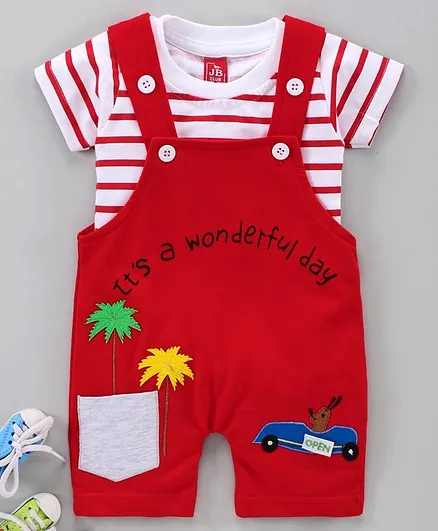 Jb Club Short Sleeves Striped Tee With Palm Tree Patch Dungaree - Red