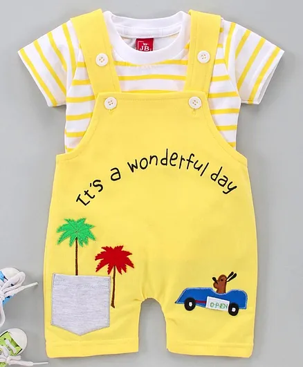 Jb Club Short Sleeves Striped Tee With Palm Tree Patch Dungaree - Yellow