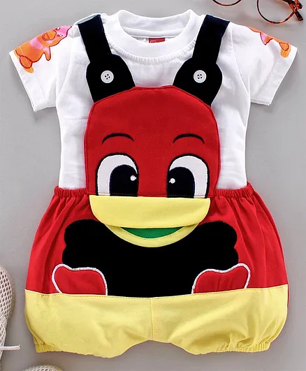 Jb Club Half Sleeves Tee With Duck Pattern Dungaree - Red