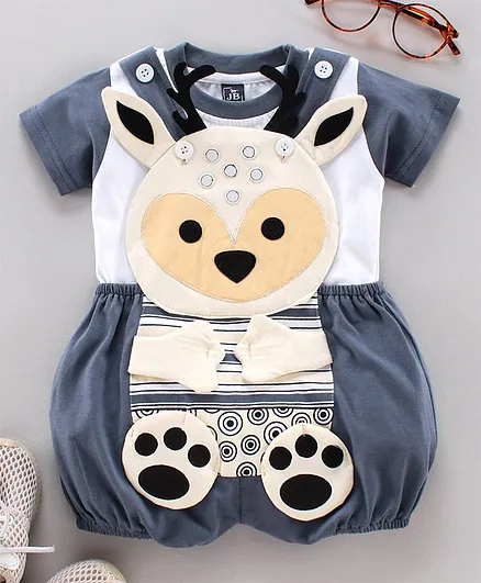 Jb Club Half Sleeves Tee With Bear Pattern Dungaree - Grey
