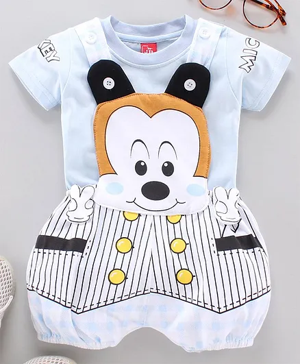 Jb Club Half Sleeves Tee With Mickey Patch Dungaree - Blue