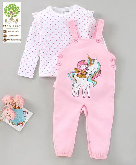 Babyoye Cotton Eco Jiva Finish Dungaree Style Romper With Top Unicorn Print - White Pink